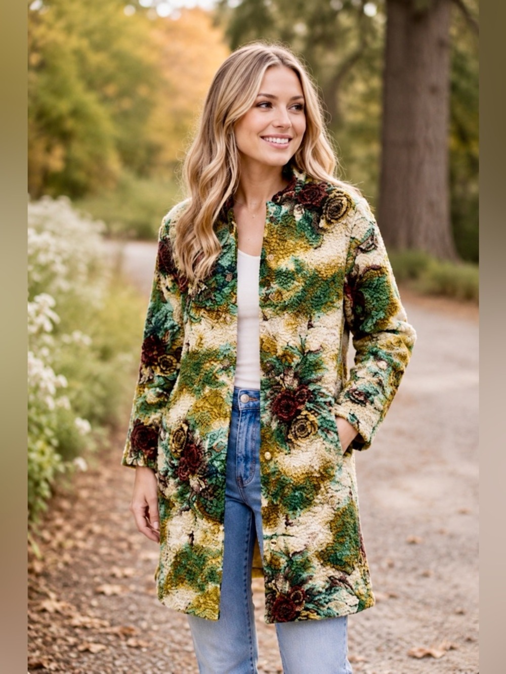 ABC Collection Floral Popcorn Knit Hooded Jacket Green Art to Wear Women’s Small